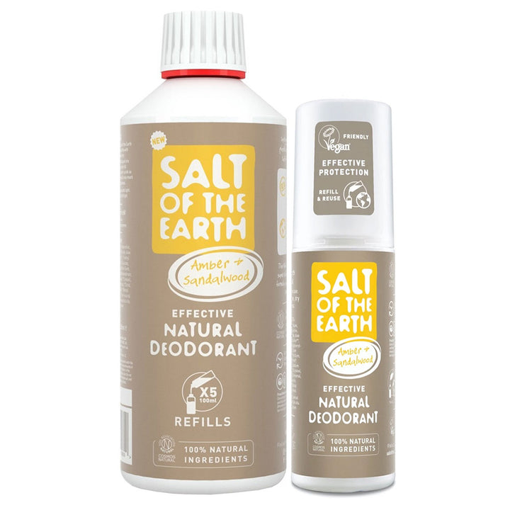 Salt of The Earth Amber &amp; Sandalwood Deodorant Refill Bottle 500ml and Spray Bottle 100ml Bundle