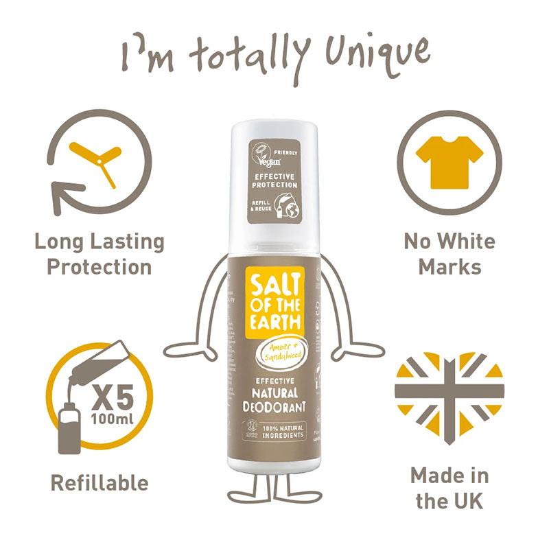 Salt of The Earth Amber &amp; Sandalwood Deodorant Refill Bottle 500ml and Spray Bottle 100ml Bundle