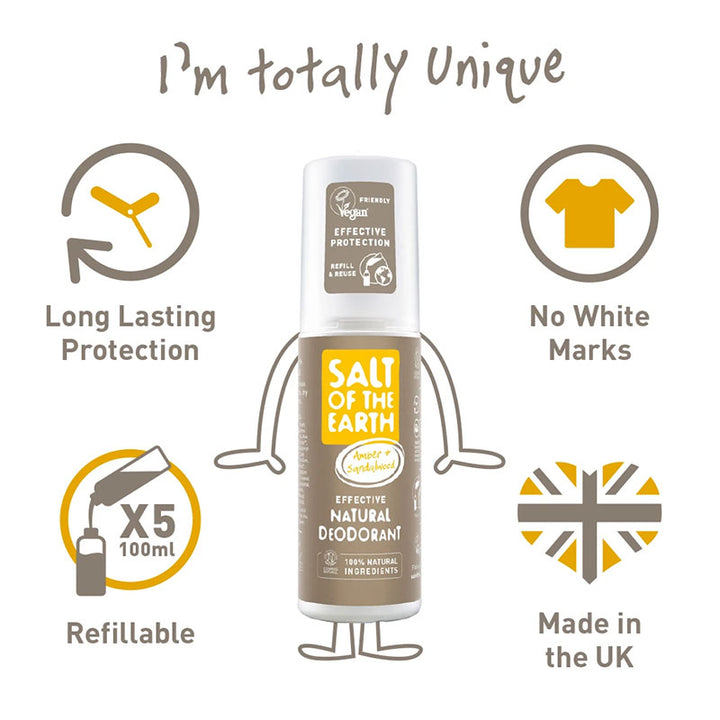 Salt of The Earth Amber &amp; Sandalwood Deodorant Refill Bottle 500ml and Spray Bottle 100ml Bundle