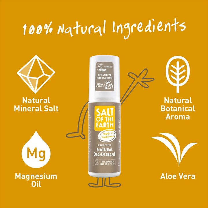 Salt of The Earth Amber &amp; Sandalwood Deodorant Refill Bottle 500ml and Spray Bottle 100ml Bundle