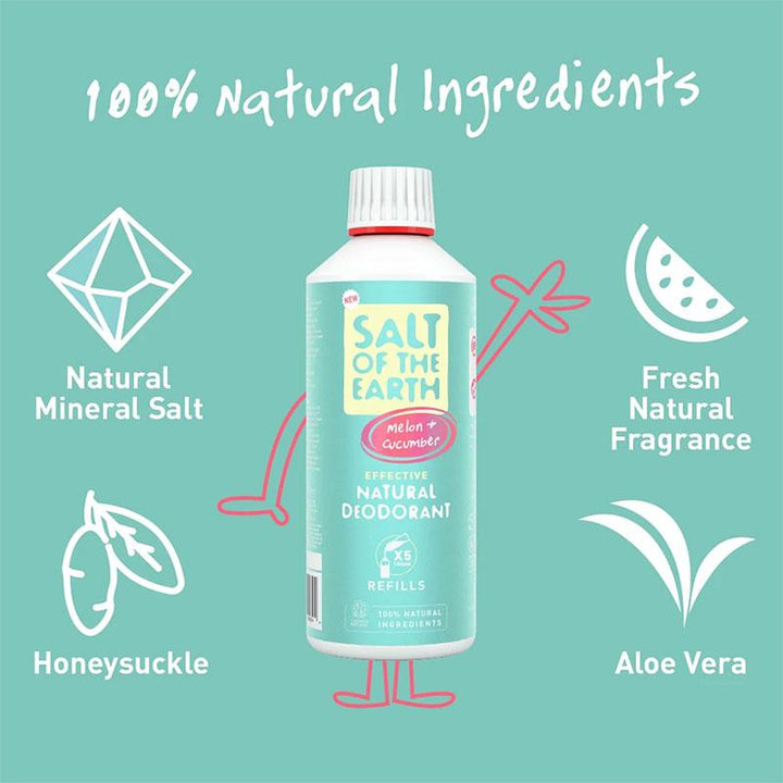 Salt of The Earth Melon &amp; Cucumber Deodorant Refill Bottle 500ml + Spray Deodorant 100ml