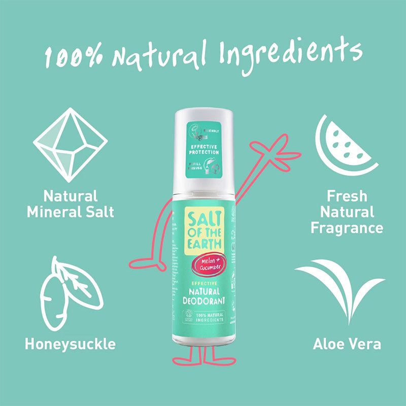 Salt of The Earth Melon &amp; Cucumber Deodorant Refill Bottle 500ml + Spray Deodorant 100ml