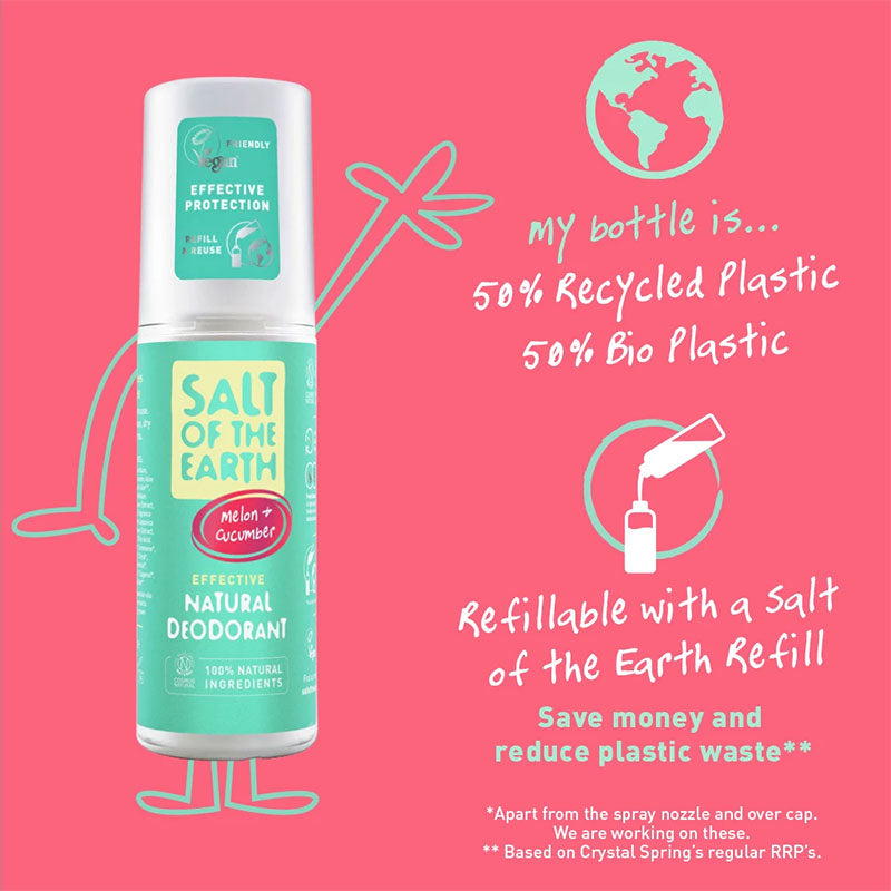 Salt of The Earth Melon &amp; Cucumber Deodorant Refill Bottle 500ml + Spray Deodorant 100ml