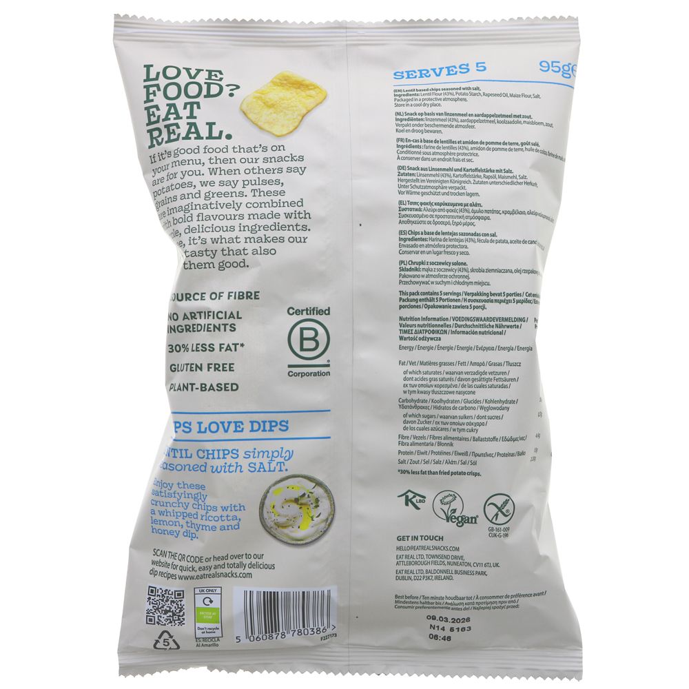 Eat Real Lentil Chips Sea Salt | 95g
