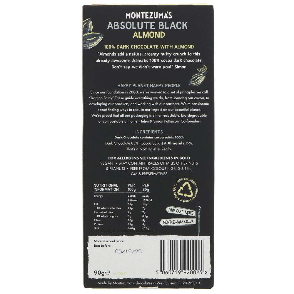 Montezumas Absolute Black- Almonds C/Nibs | 90g