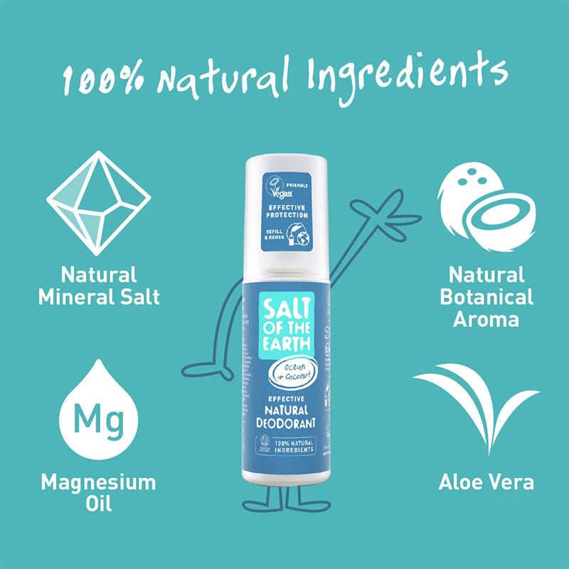 Salt of The Earth Ocean + Coconut Natural Deodorant - Spray Bottle 100ml &amp; Refill Bottle 500ml Bundle