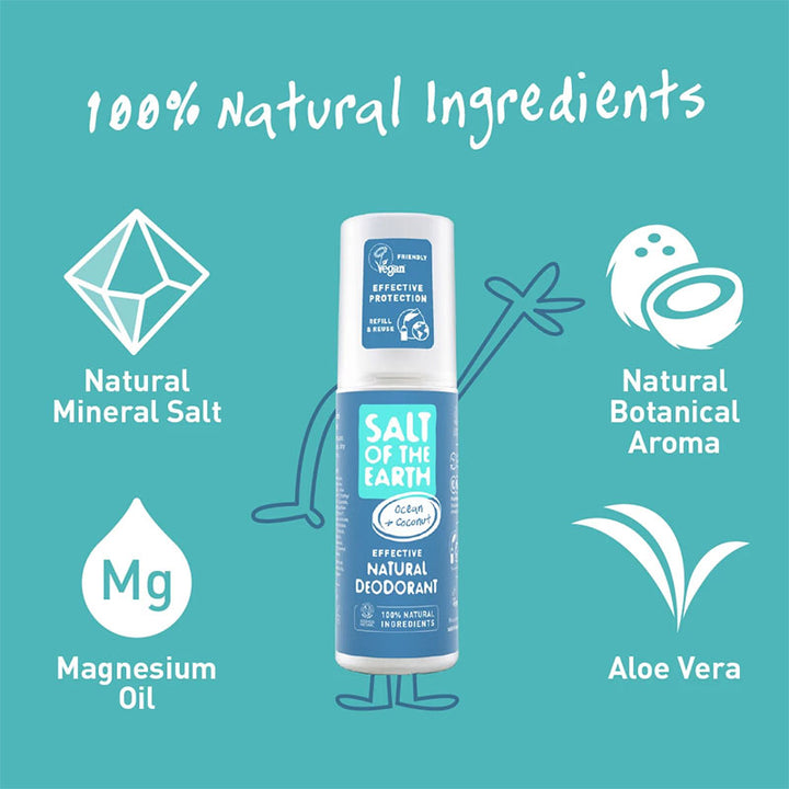 Salt of The Earth Ocean + Coconut Natural Deodorant - Spray Bottle 100ml &amp; Refill Bottle 500ml Bundle
