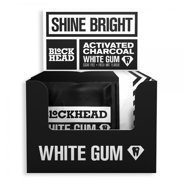 BlockHead White Gum with Activated Charcoal 7pcs  - Fresh Mint Flavour - 12 Pack