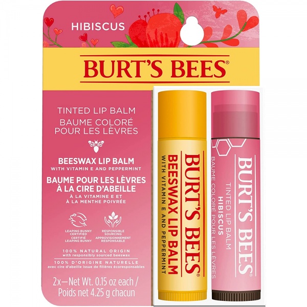 Burt's Bees Lip Balm Multipack, Beeswax Lip Balm & Hibiscus Tinted Lip Balm, Value Duo Pack, 2x4.25g