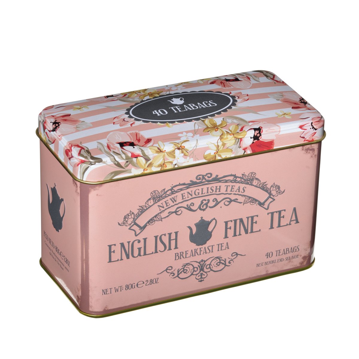 New English Teas Floral Tea Tin with 40 English Breakfast Teabags