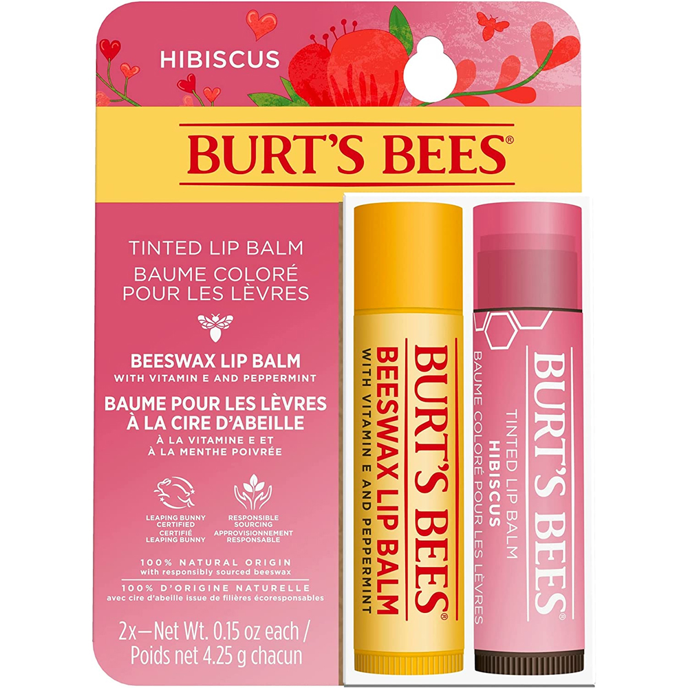 Burt's Bees Lip Balm Multipack, Beeswax Lip Balm & Hibiscus Tinted Lip Balm, Value Duo Pack, 2x4.25g