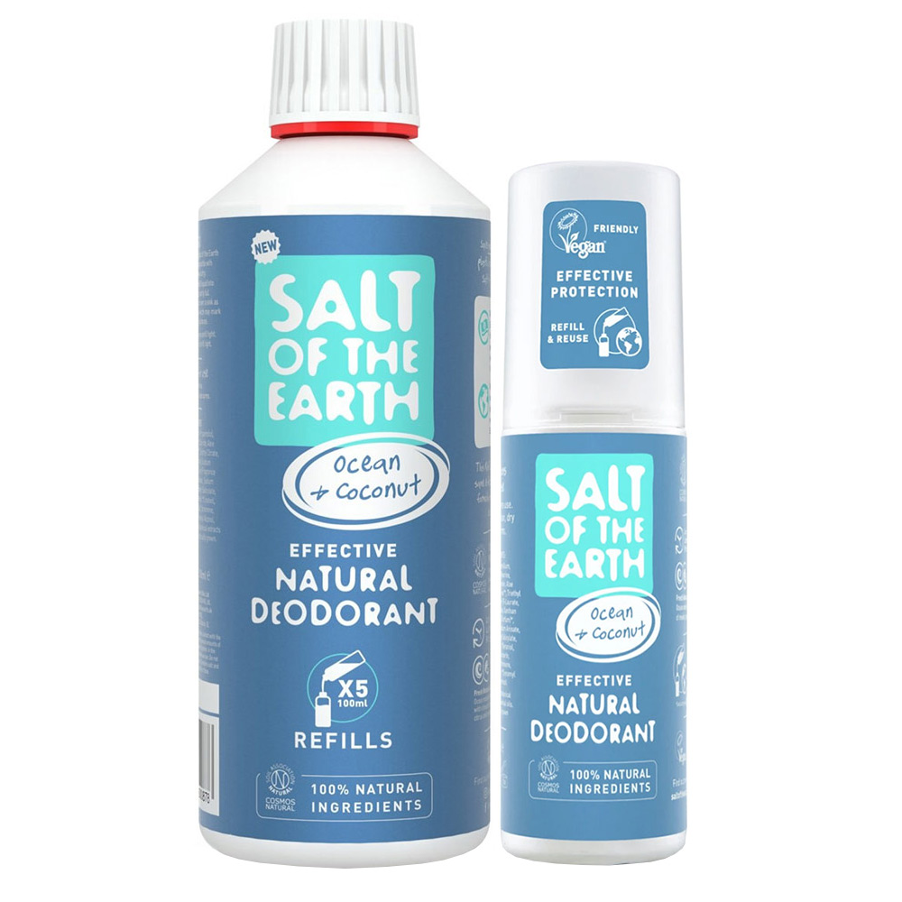 Salt of The Earth Ocean + Coconut Natural Deodorant - Spray Bottle 100ml & Refill Bottle 500ml Bundle