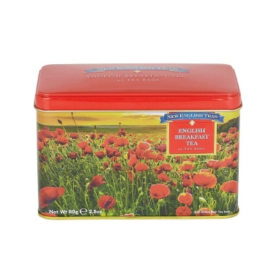 New English Teas Poppy Tea Tin with 40 English Breakfast Teabags